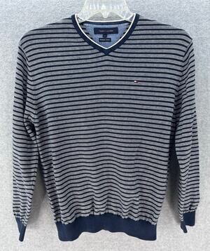 Tommy Hilfiger Men's M Striped Navy V Neck Pullover Cotton Sweater Cuffed Sleeve